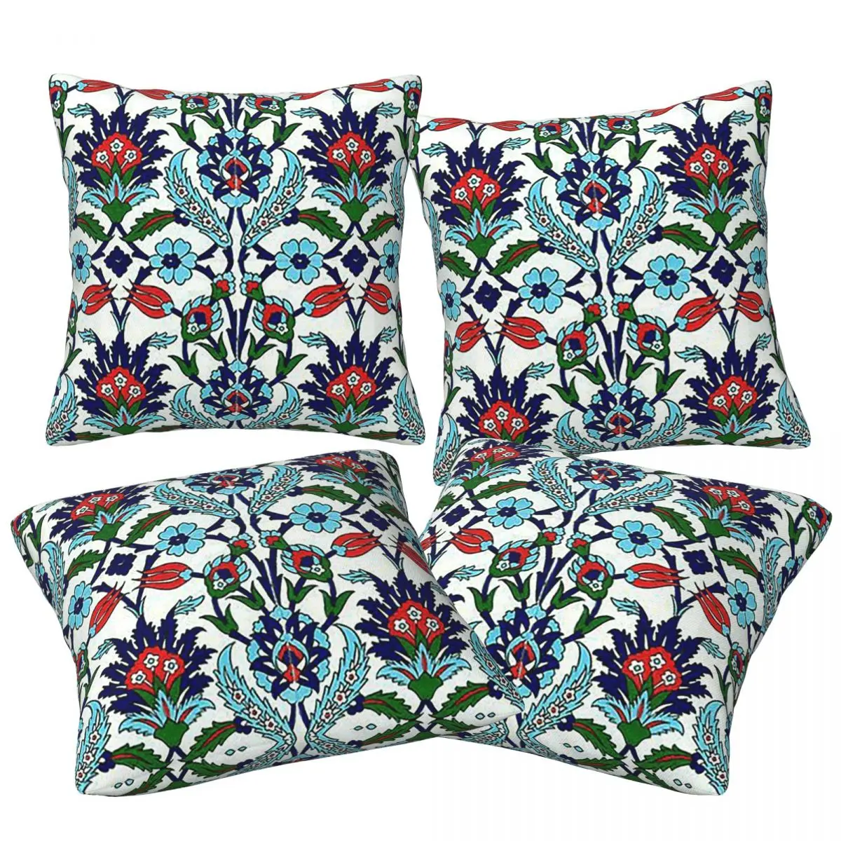 

Turkish Iznik Floral 4pcs Square Pillowcase Cushion Cover Decorative Pillow Case Throw Pillow Cover for Home Sofa Living Room