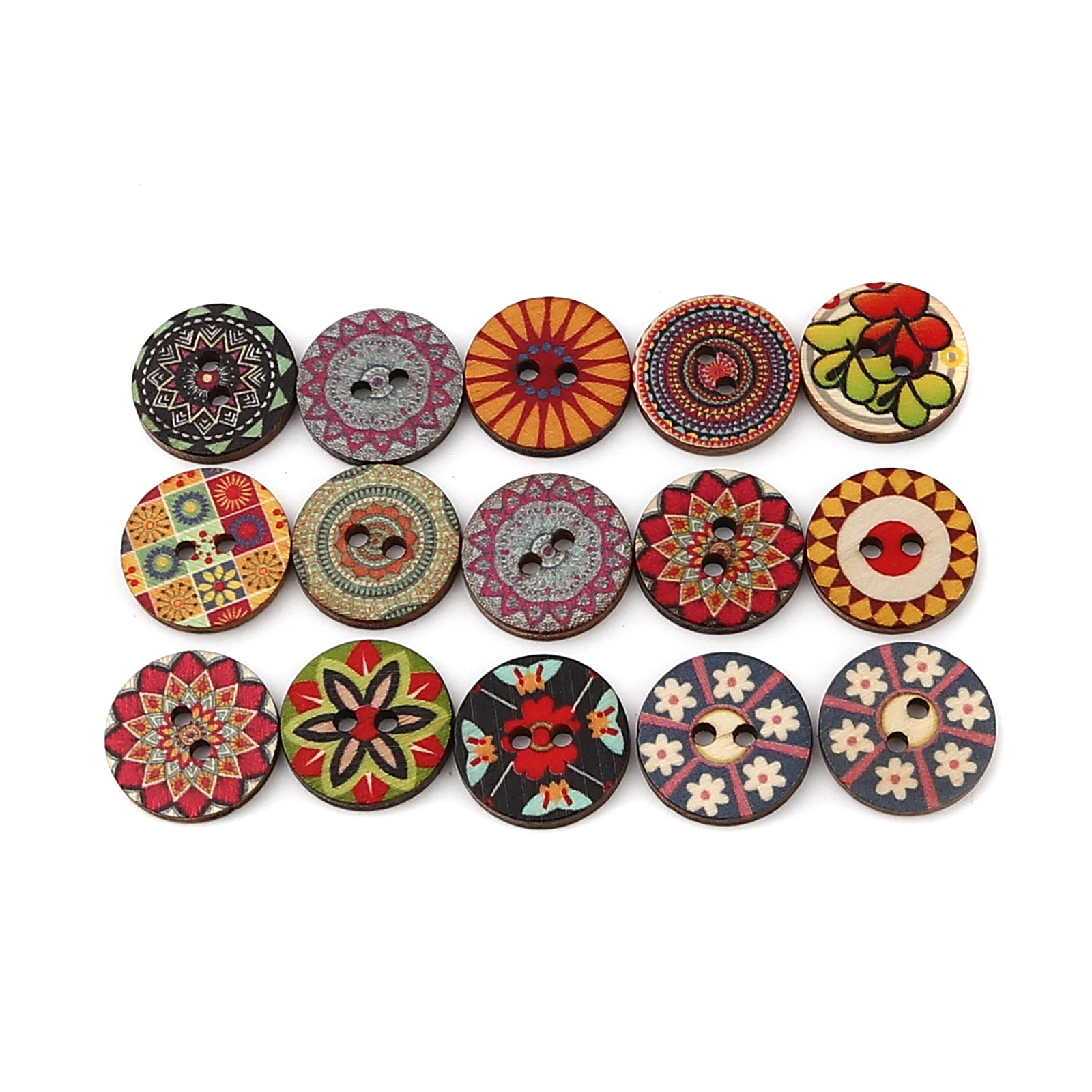 100 PCs 20mm 25mm Dia. Wood Buddhism Mandala Sewing Buttons Scrapbooking Two Holes Round Multicolor Flower  For DIY Craft Making