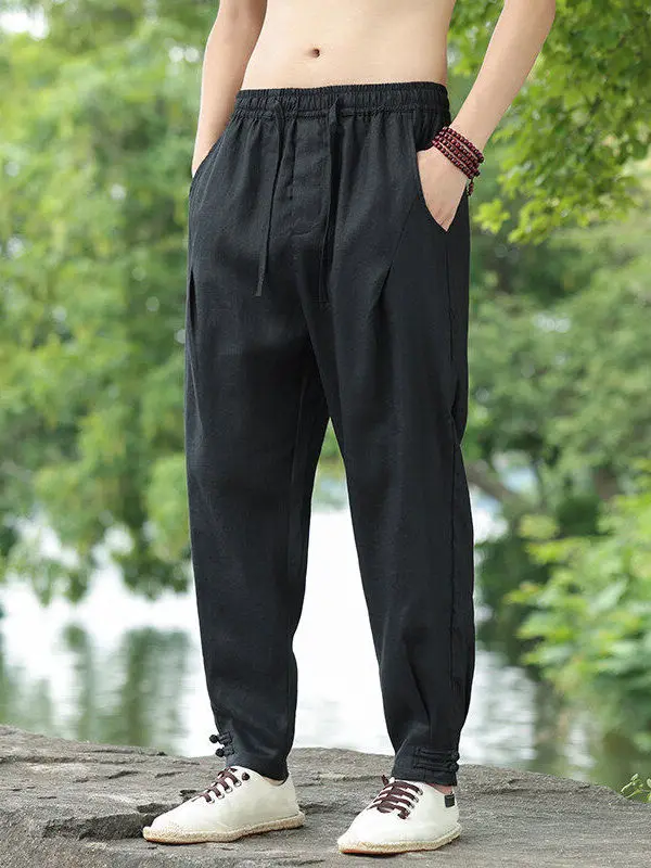 

Новые мужские летние повседневные брюки из 100% чистого льна, свободные брюки-фонарики в стиле харлан, винтажные, с пуговицами, для молодежи, витализирующие