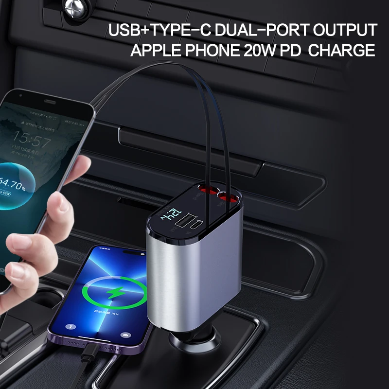 Retractable Car Charger 4 in1 Fast Car Phone Charger 100W USB C Car Charger Adapter (2.6Ft) and 2 USB Ports Car fast Charger