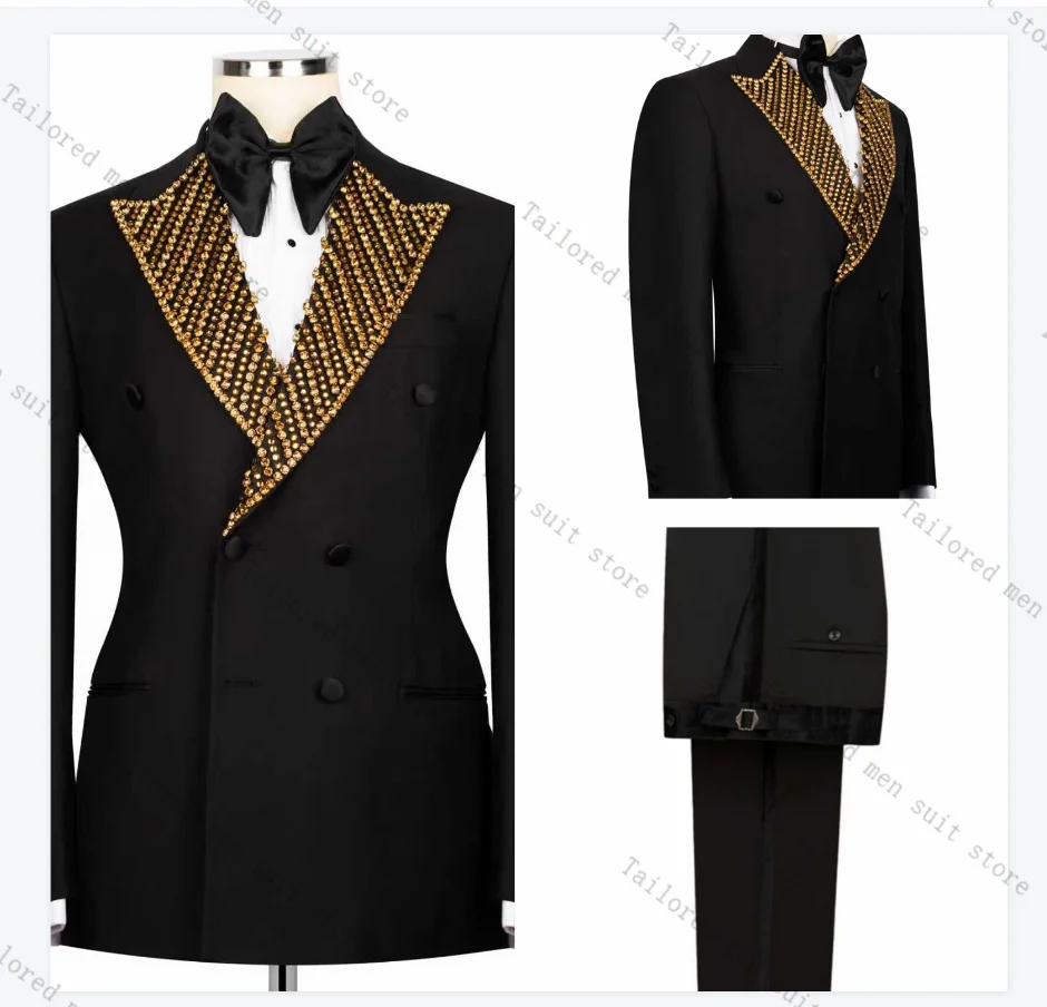 

Golden Crystals Men Suits Set 2 Pieces Blazer+Pants Trousers Black Groom Wedding Tuxedos Jacket Formal Office Customized Coat