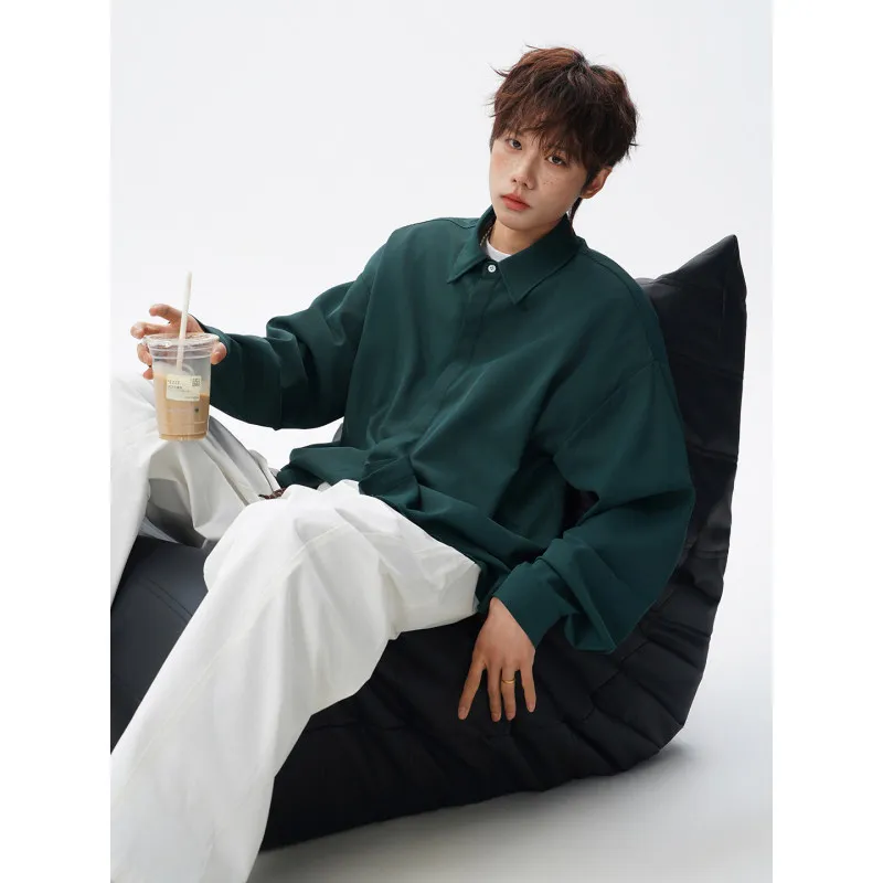 Loose Fit Long Sve Men's irt Korean Sle Casual k een Vintage Spring Outerwear Premium Feel Drapey Casual irt