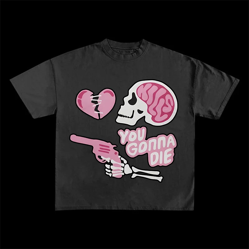 アメリカンファッションオーバーサイズストリートクリエイティブスカルプリントTシャツ男性と女性用半袖y2kトップオーバーサイズTシャツ