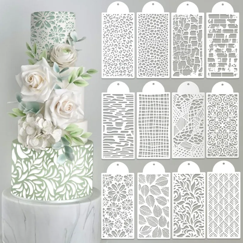 12PCS Floral Leopard Lace Hollow‑out Cake Stencil Reusable Fondant Cookie Baking Decor Templates