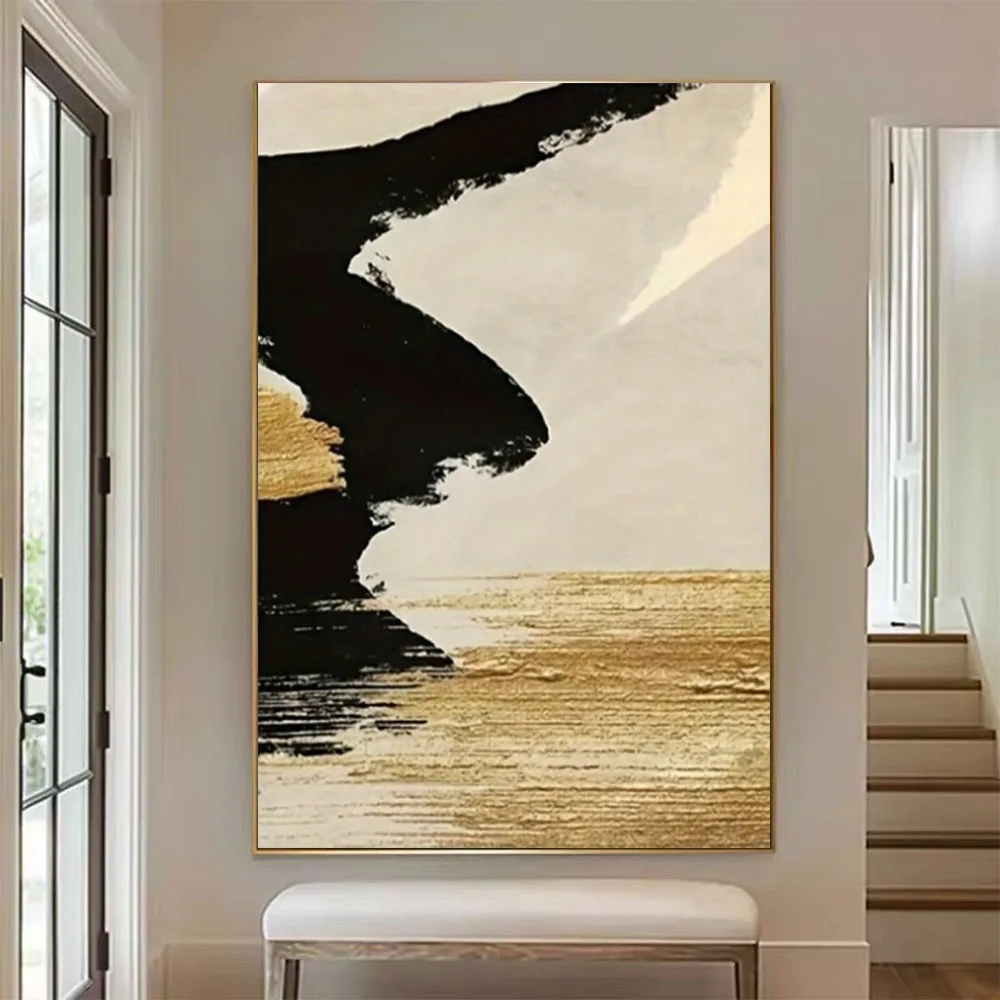 Modern Abstract 100% Hand-Painted Canvas Oil Painting Gold Black Grey Texture Depicting Sky Vintage Wall Decor Art Hallway Porch