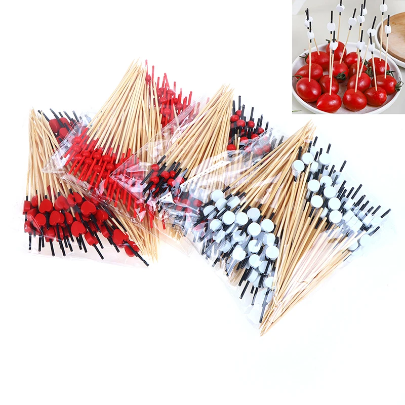 100pcs/set 12cm Disposable Heart Bamboo Pick Buffet Cake Fruit Fork Party Dessert Salad Vegetable Sticks Toothpick Skewer