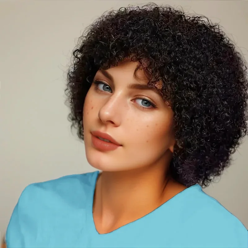 흑인 여성용 짧은 곱슬 가발, 인모 아프로 곱슬머리, 전체 기계 제작 가발