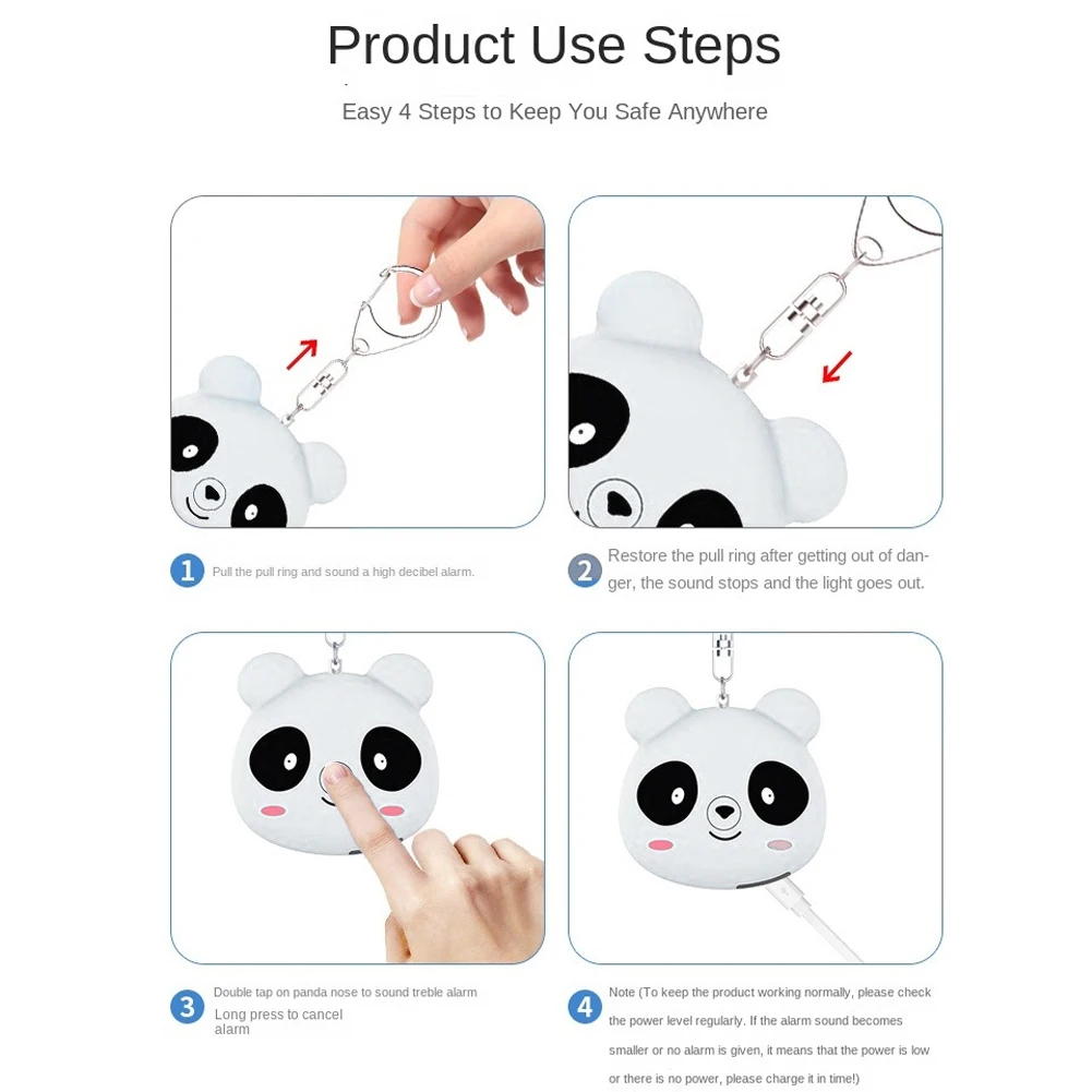 Panda bonito alarme de segurança chaveiro 130db alarme de autodefesa alarme de segurança para mulheres idosos crianças corredores noturnos