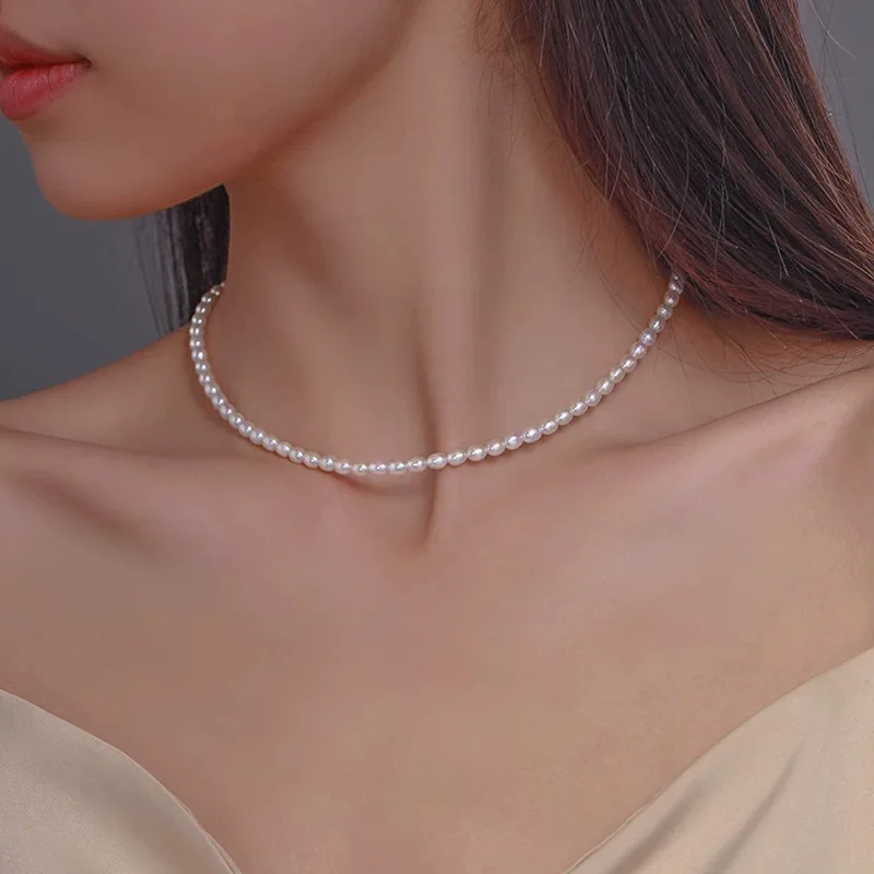 4-5mm Natürliche Süßwasser Perle Halskette Echte S925 Sterling Silber Choker Halskette Für Frauen Schmuck Mode Geschenk – Detail 2
