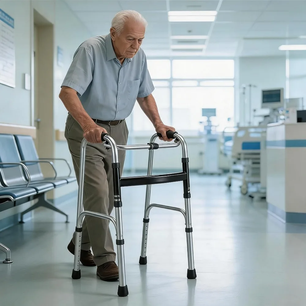 Aide à la marche, cadre de marche, cadre de marche léger avec charnières, déambulateur pliable sans roues, réglable en hauteur sur 8 niveaux, pour personnes âgées, en aluminium, antidérapant, poignées ergonomiques