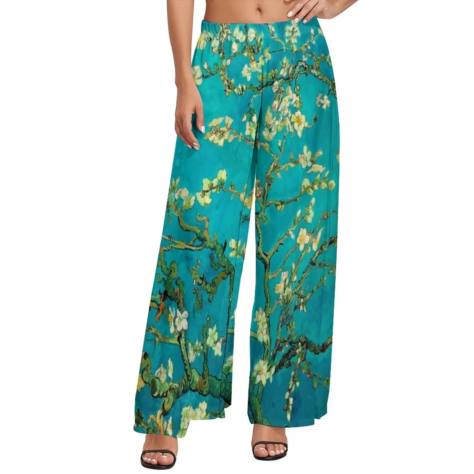 Van Gogh Pants Ladies Almond Tree Floral Art Korean Fashion Trousers Elastic Waist Trendy Wide Leg Pants Gift