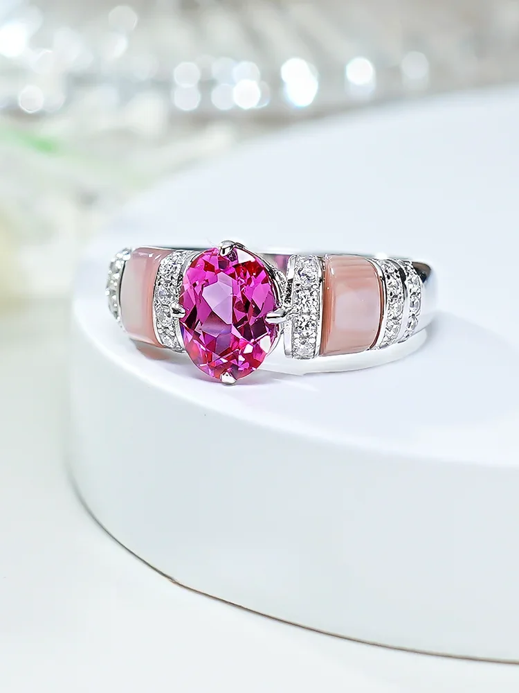 Anillo de turmalina Rosa de Plata de Ley 925 para mujer, conjunto de lujo ligero con polvo de diamante de alto carbono, estilo de concha, joyería de boda