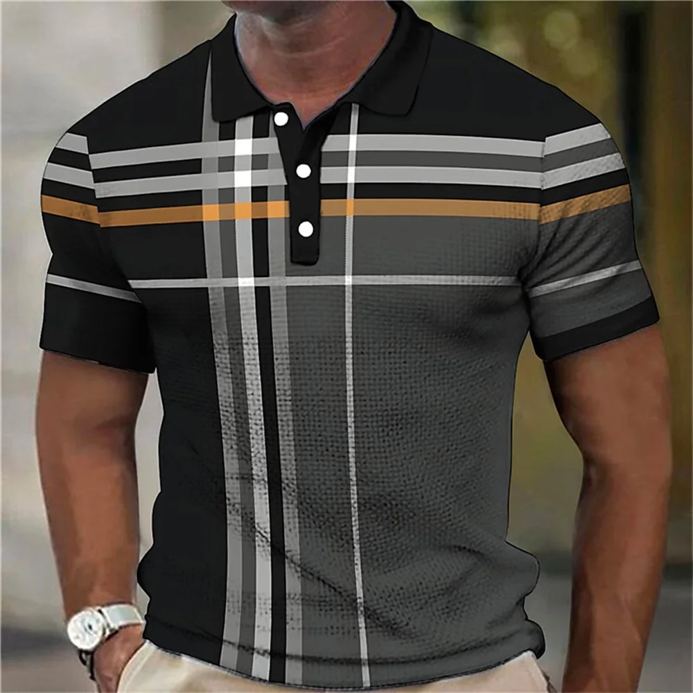 Men's Polo Shirt Short Sleeve High Quality Summer Strip Print Male Business Casual Botton Top Original Golf Shirt Men Clothing