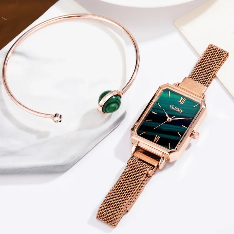 2pcs Set Women Watches Bracelet Set Square Ladies Quartz Watch Bracelet Simple Rose Gold Mesh Luxury Women Wristwatches Reloj