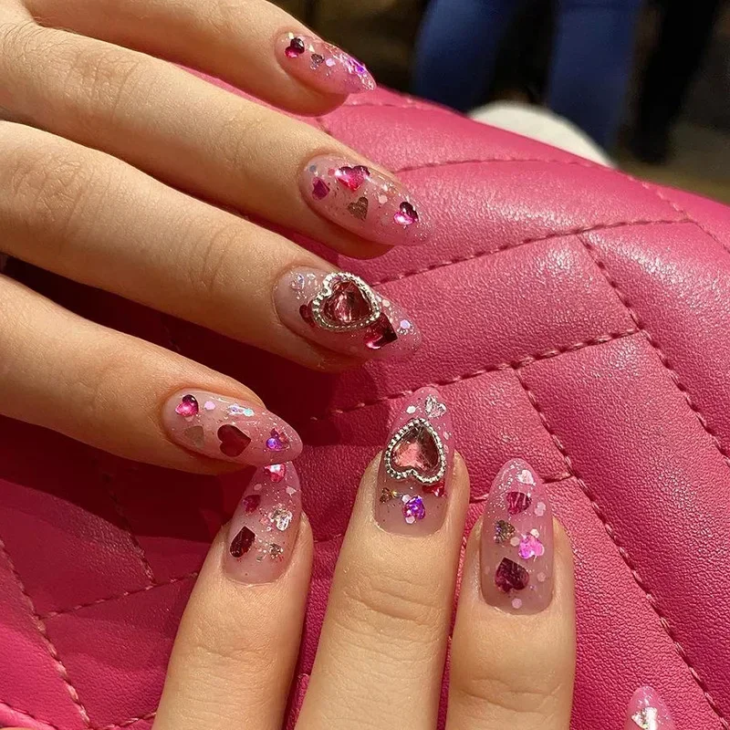 Bowknot rosa vermelho amor coração estrela strass pérola dia dos namorados imprensa em unhas apontadas unhas falsas arte amêndoa encantos de unhas falsas