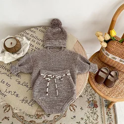 2pcs Boutique Infant Baby Newborn Clothing Set Toddler Knit Pullover And Shorts Cotton Sweater Outfit Option Hat