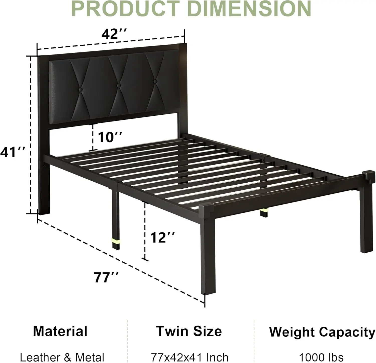 โครงเตียงโลหะขนาดทวินไซส์พร้อมหัวเตียงหุ้มหนังเทียมแบบกระดุม, โครงเตียงแบบแท่นพร้อมแผ่นโลหะแข็งแรงทนทาน