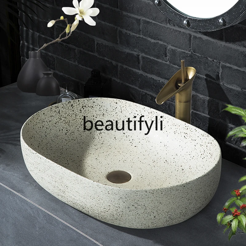 Retro stage basin imitation stone outdoor hand washing single basin art ceramic face washing terrace pool balcony basin