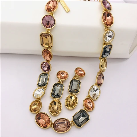 

Oscar Gilded Crystal Jewelry Set Multi-Gemstone Strand Statement Suite Luxury Ear Clip Necklace Collection with Dazzling Stones