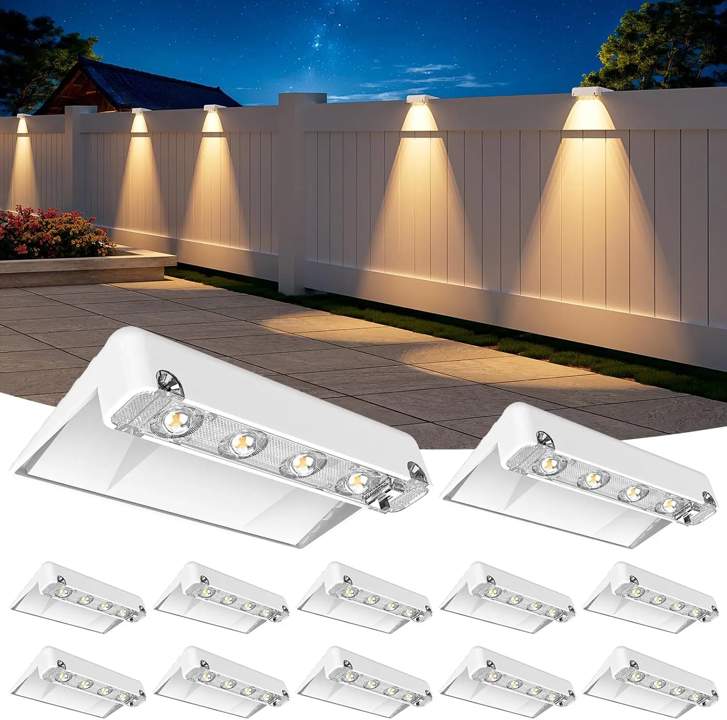 

Набор из 12 солнечных светильников для забора, водонепроницаемые светодиодные светильники IP65 с линзами, автоматическое включение/выключение, теплый белый свет для декора патио и двора на открытом воздухе