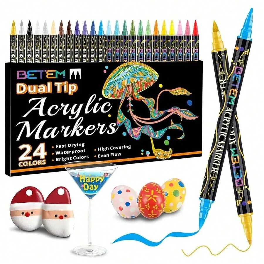 

Betem Acrylic Paint Markers, Dual Tip 24 Colors Acrylic Paint Pens With Brush Tip And Fine Point, Art Supplies For Rock, Wood,