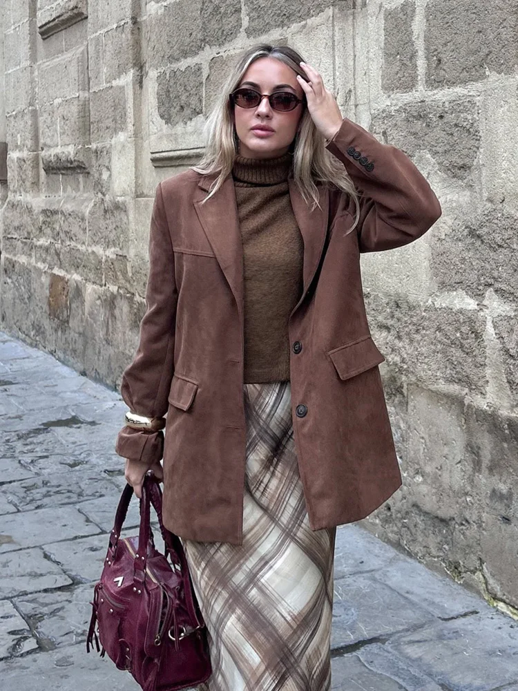 HH Herfst Damesmode Effen Turn-down Kraag Single-breasted Blazer Jas Vrouwelijke Street Style Slanke Lange Mouw Losse Jas