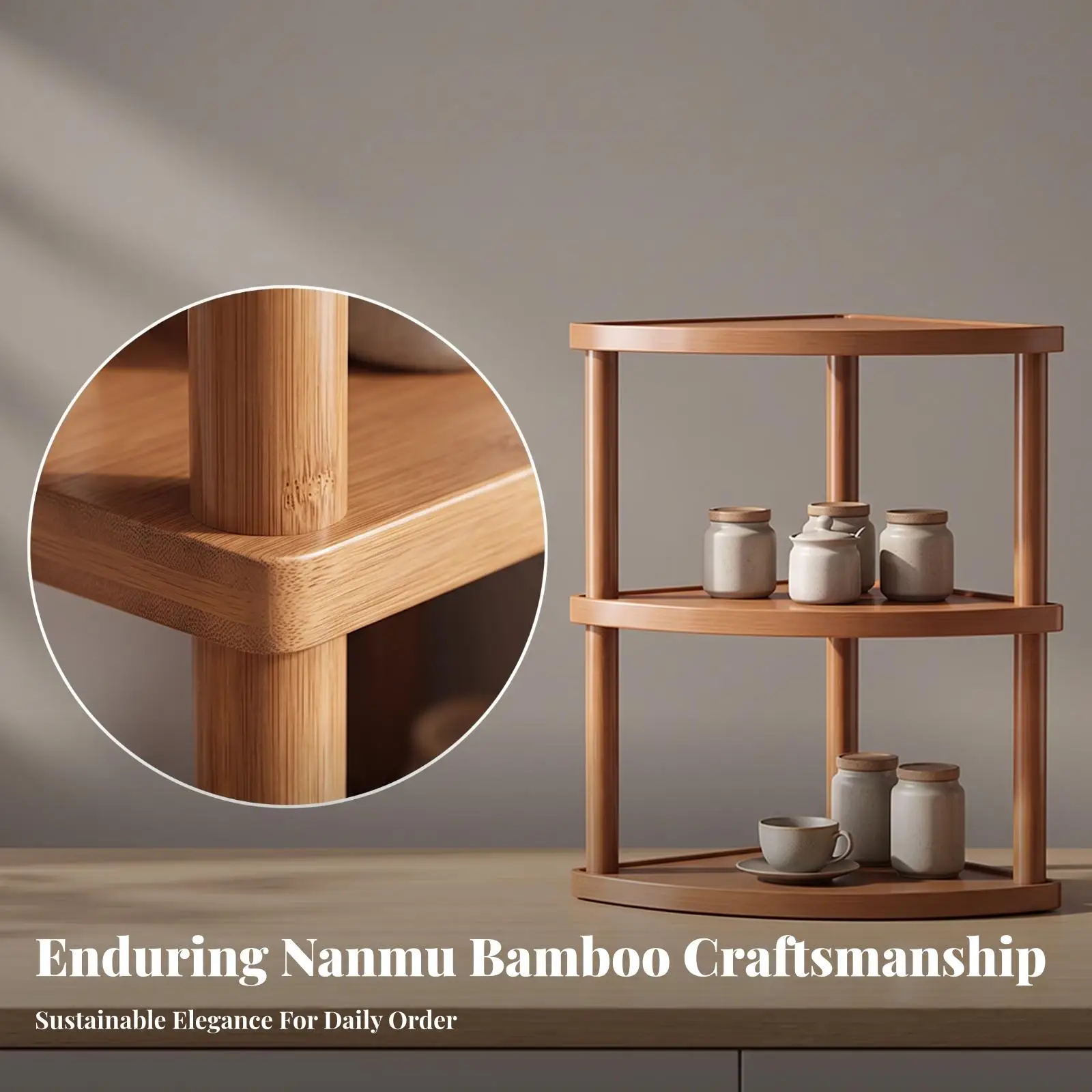 Desk Corner Storage Rack for Coffee Accessories Organizer Bamboo Composite Shelf with Space Saving Triangle for Kitchen Counter
