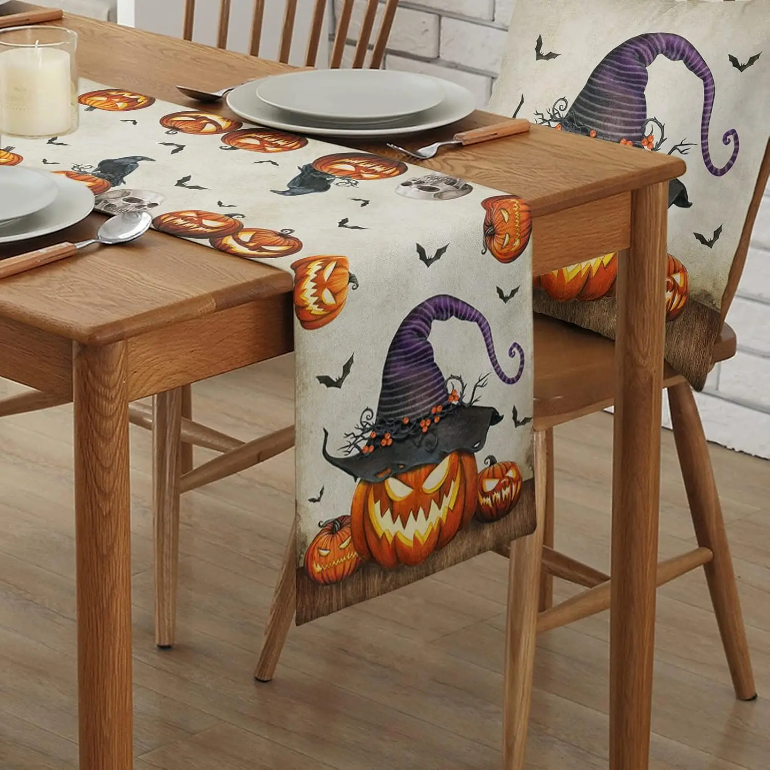 Halloween Horror Pumpkin Bat Linen Table Runner Holiday Party Decor Reusable Kitchen Dining Table Runner Halloween Decorations
