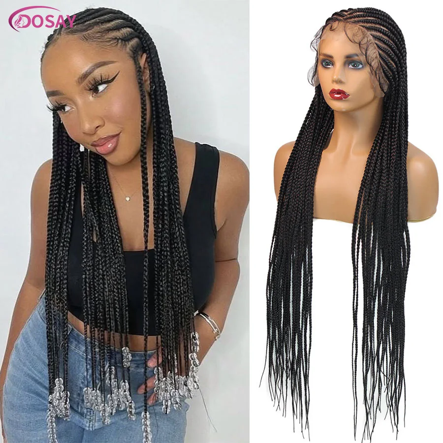 

36-дюймовые плетеные парики Cornrow, синтетические плетеные парики без узлов, полный кружевной парик Fulani Braids Box, парики с детскими волосами для чернокожих афро женщин