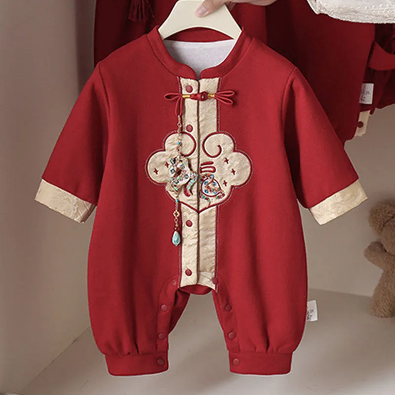 

Весенне-осенняя одежда для малышей: теплые красные хлопковые комбинезоны с вышивкой к Китайскому Новому году для мальчиков и девочек, товары для новорожденных B282