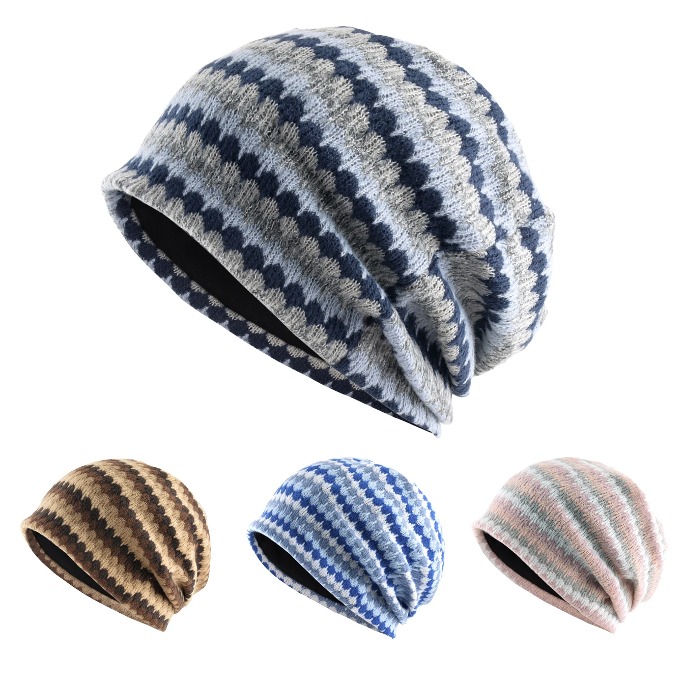 Vintage Jacquard Color Block Striped Slouchy Beanie For Women Soft Knitted Hat Men Warm Casual Cap For Autumn Winter Outfit