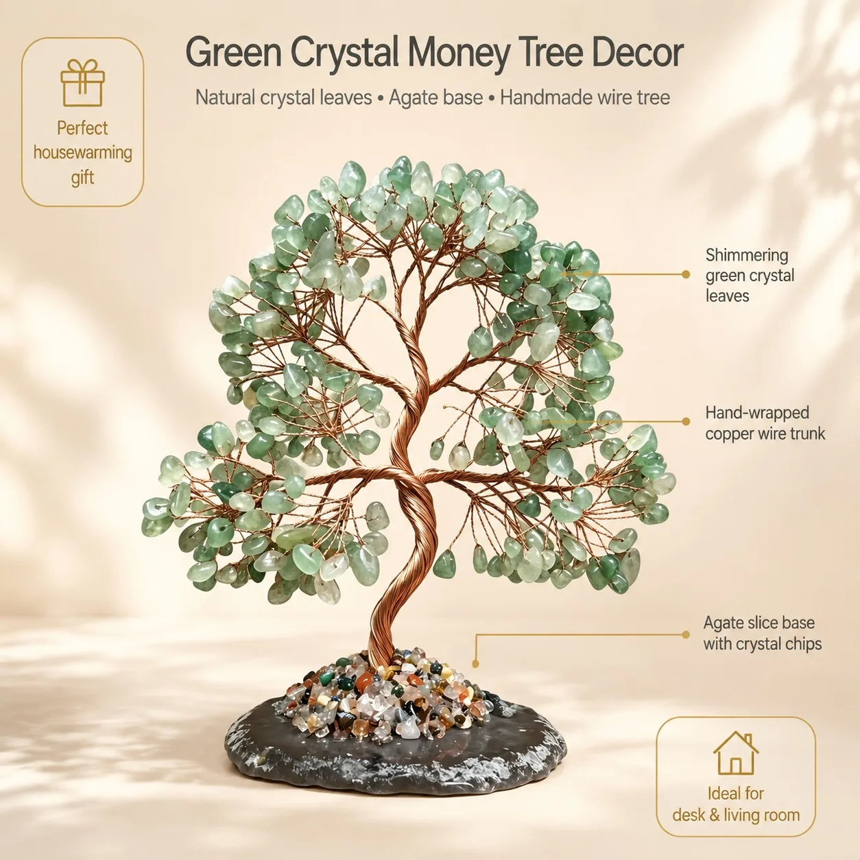 Arbre de richesse en agate verte, décoration d'intérieur de style bohème, ornements exquis adaptés à la décoration du salon, pour offrir des cadeaux de vacances à la famille et aux amis