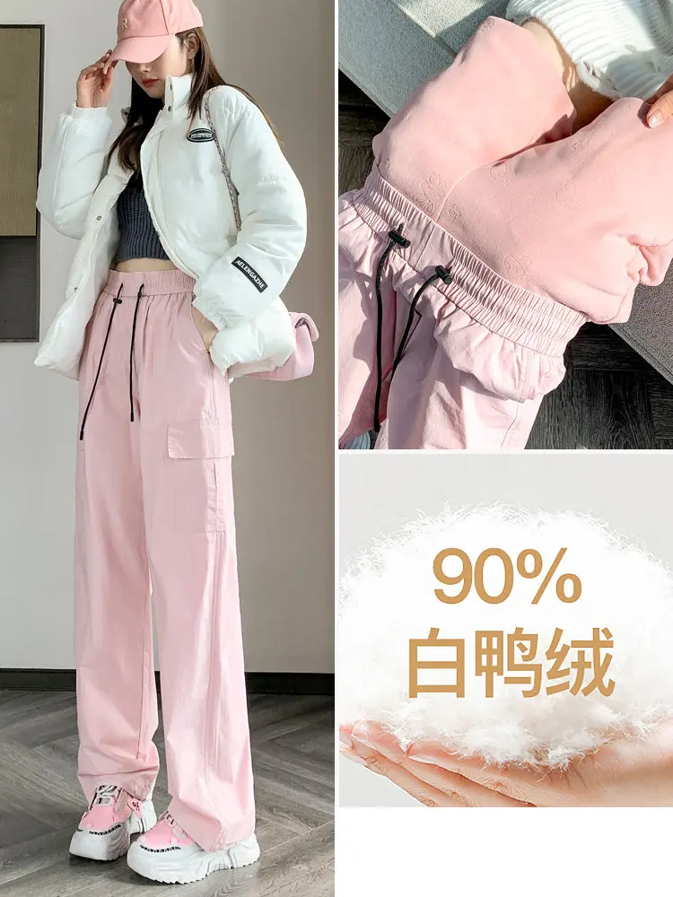 High-end wide-leg down pants for women to wear outside in winter, cold-proof overalls, piled and thickened to keep warm, and thi