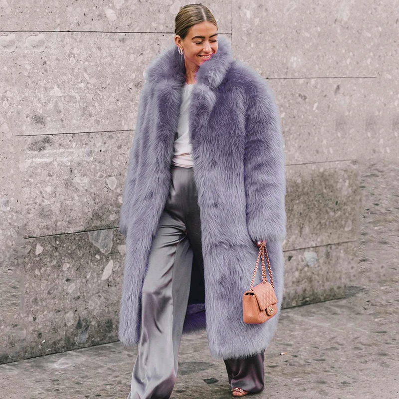 Winter Dikker Nepbont Overjas Dames Bontjas Lange Warme Revers Pluizige Bontjas Mode High Street Lady Bovenkleding Paars