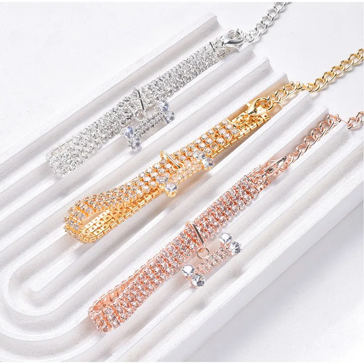 Adjustable Pet Necklace Cat Dog Crystal Collar Rhinestone Bone Pendant Puppy Luxury Fashion Beauty Dress Up Dog Accessories