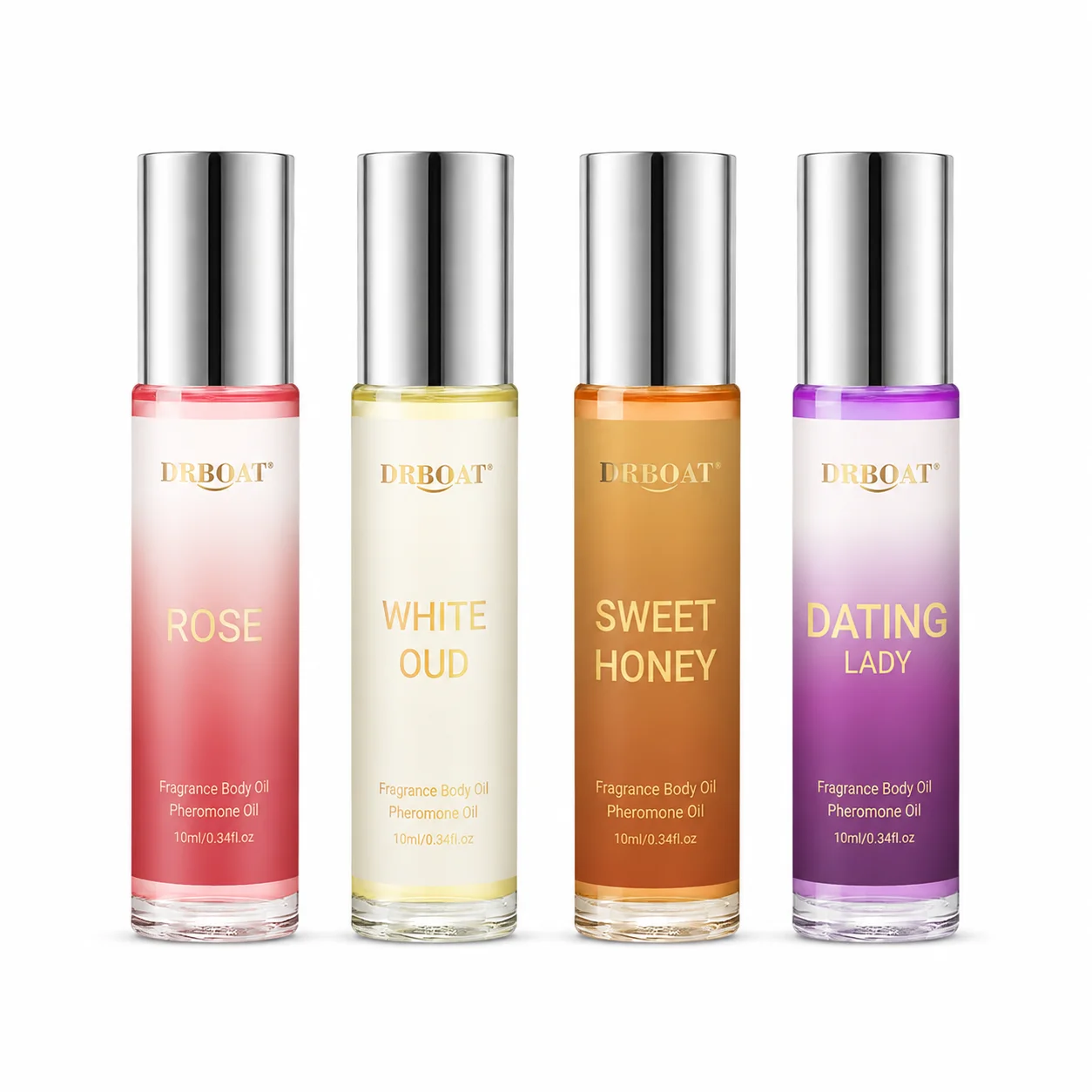 4Pcs 10ML Roll‑On Pheromone Oil Set - Portable Fragrance Oil,Rose White Oud Honey Milk Scent Eau de Parfum Traveling or Dating.