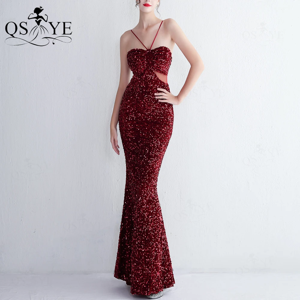 

Glitter Burgundy Sequin Evening Dresses Halter Neck Mermaid Prom Gown Ruched Empire Hollow Out Waist Formal WomanRed Party Dress