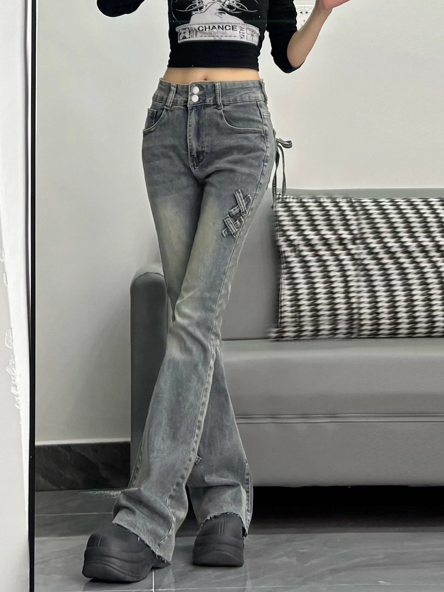 Damskie jeansy w stylu retro, wyszczuplające, z podwójnym wiązaniem, z wysokim stanem, elastyczne, rozszerzane, długie do podłogi.