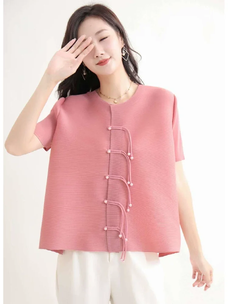 

Miyake Pleated Summer New Round Neck Short Sleeved Top with Button Closure, Women's Solid Color Casual Simple Pleated Top
