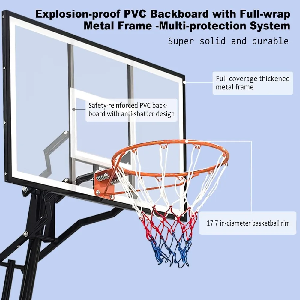 Golha de basquete portátil de altura ajustável, 8,04-10 pés, tabela inquebrável de 44 polegadas, sistema de cesta de basquete ao ar livre resistente