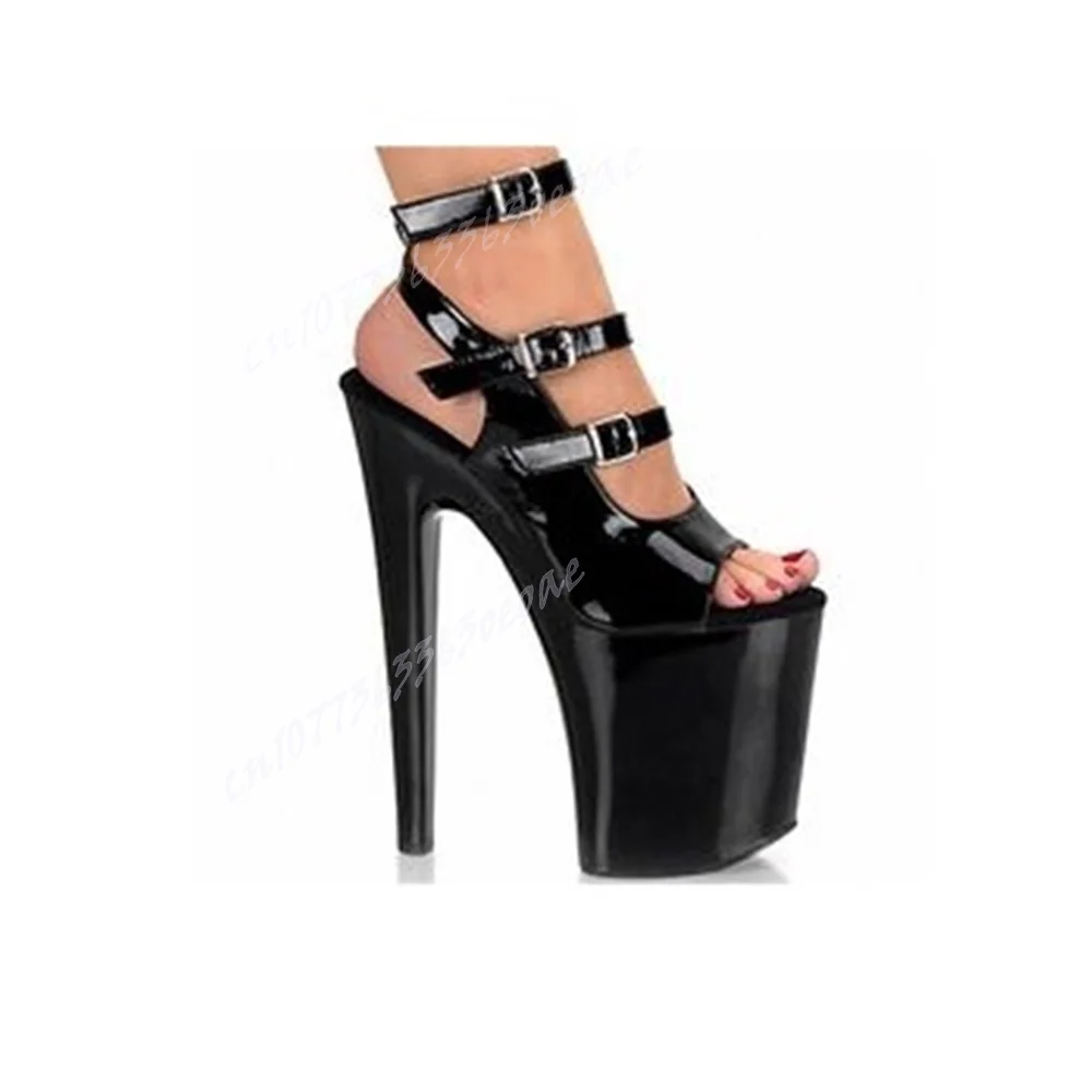 Buckle Decor Thin High Heels Sandals Ankle Strap Open Toe Shoes for Women Patent Leather Platform Shoes 2024 Zapatos Para Mujere