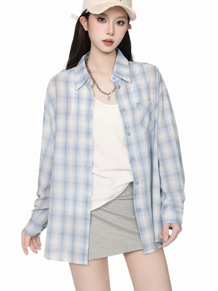 

Zoki Women Plaid Sun Proof Shirt Long Sleeve Loose Sweet Korean Blouse Fashion Casual Summer Female Elegant Chic Pocket Tops New