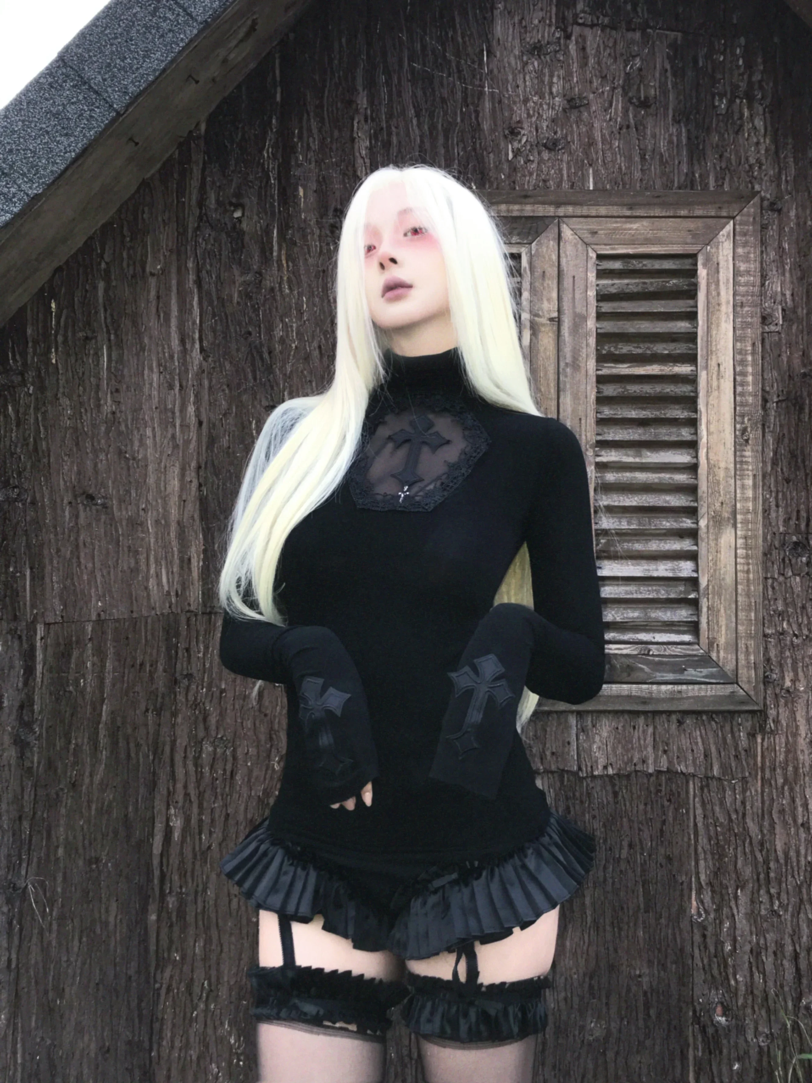 IMU Original Design Gothic Cross Print Black Tshirt High Stretchy Turtleneck Hollow Out Slim Sexy Inner Basic Shirt Tee Tops