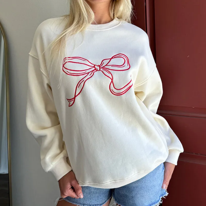 

WPNAKS Women Sweatshirt Autumn Winter Clothes Long Sleeve Crew Neck Bow Knot Print Hoodie Pullover Casual Tops Streetwear