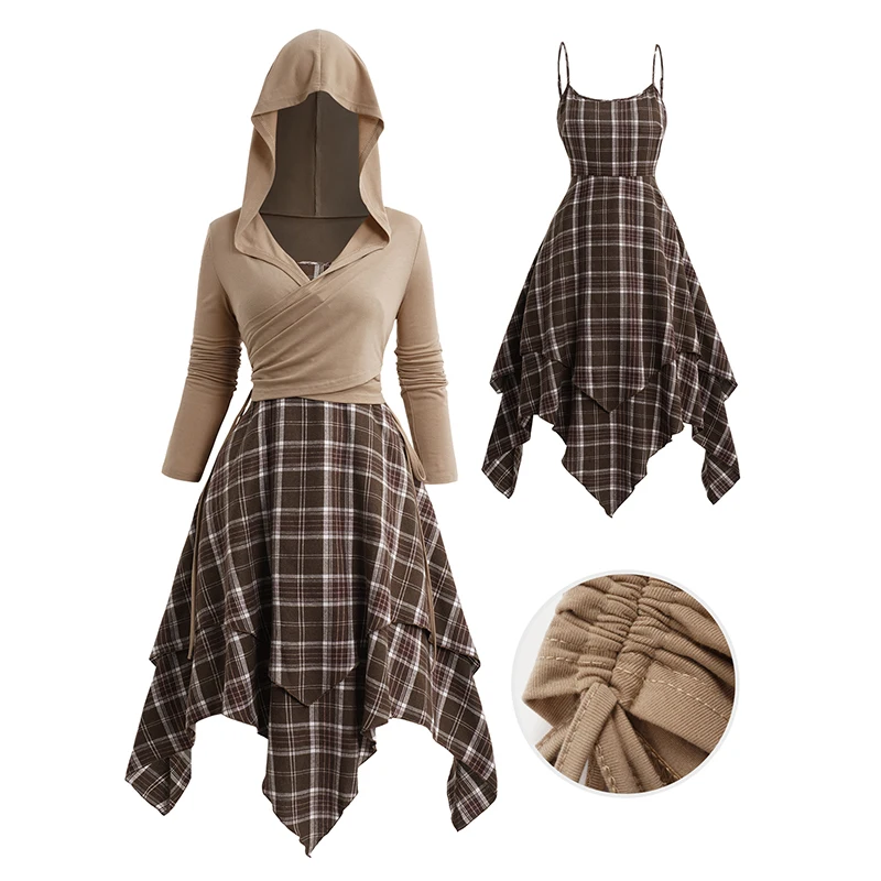 

Dressfo 2024 Women Plaid Print Layered Handkerchief Cami Dress And Cinched Surplice Hooded T-Shirt Two Piece Set Christmas Dress