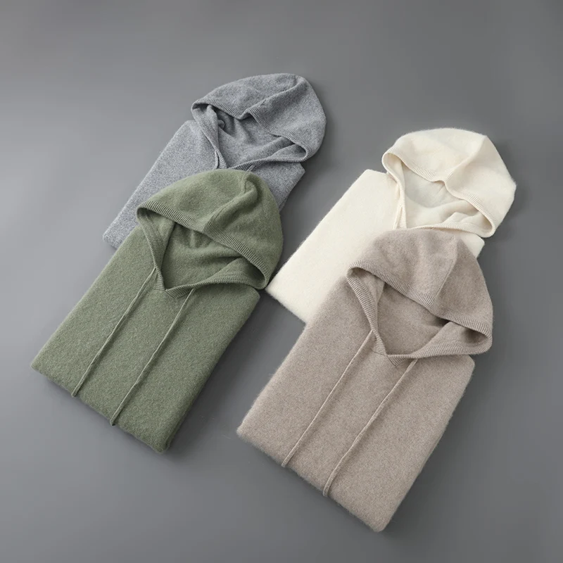 

Autumn/Winter Hooded Knitted Sweater 100% Wool Men's Fashion Drawstring Sweater Loose Korean Outerwear Base Sweater Warm Hoodies