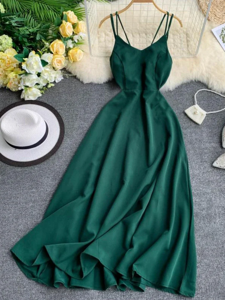 

Beach Long Dress Women Sexy Cross Backless Solid Color V-neck Long Dresses Ladies Slim A-line Summer Long Robe Vestidos