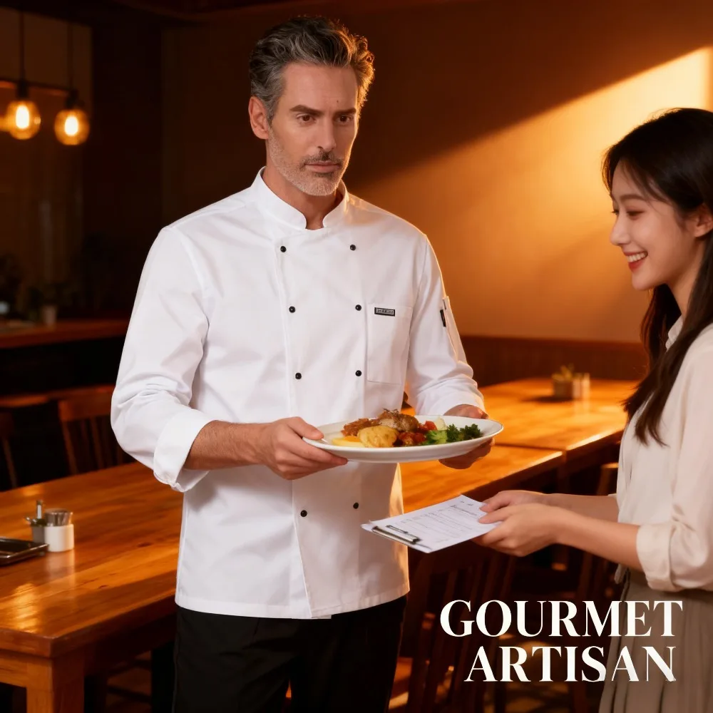 ملابس عمل الشيف بأكمام طويلة للمطبخ وتناول الطعام، خدمات تقديم الطعام الفندقية المتينة والطهي التجاري