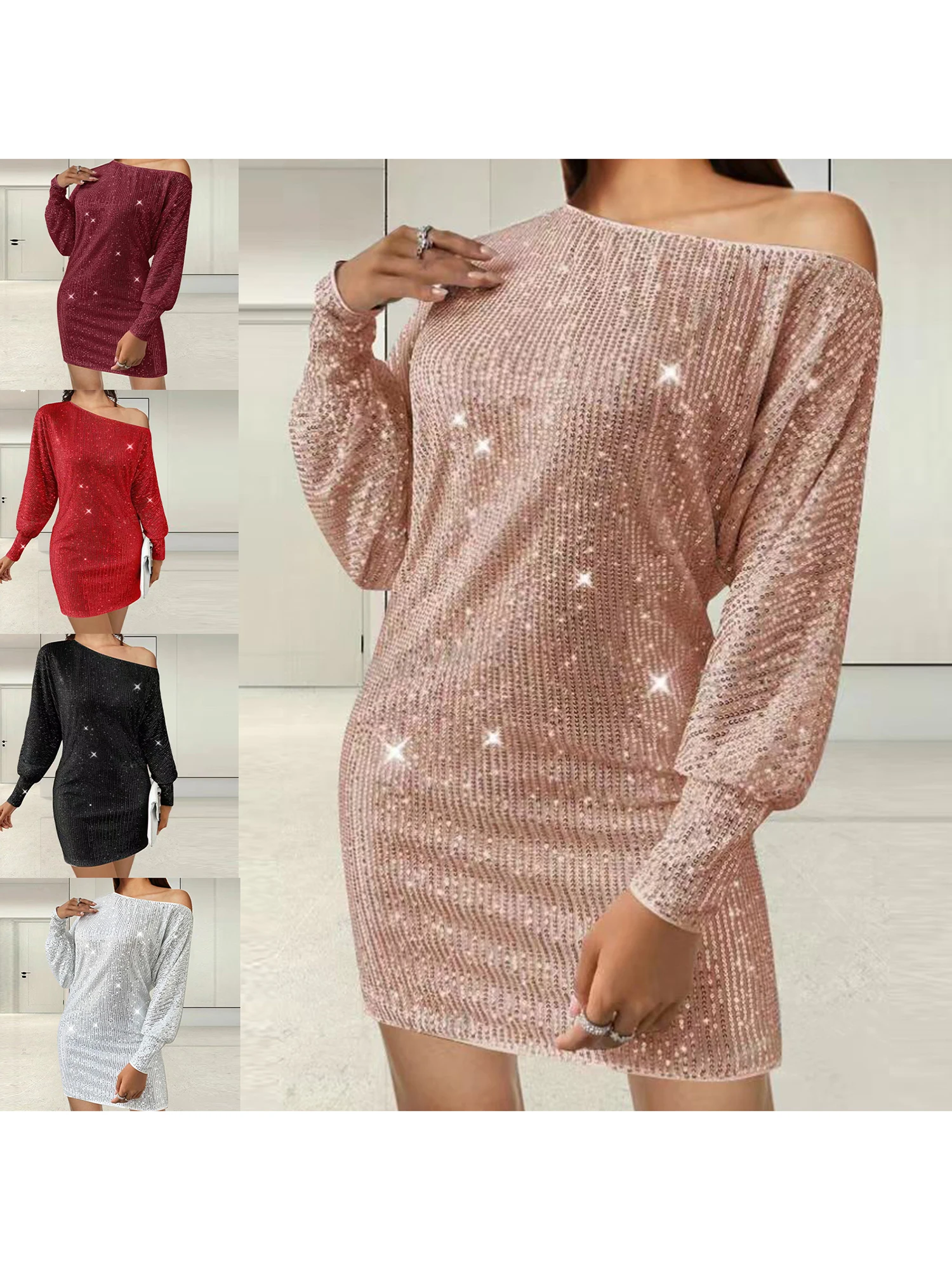 Elegante abito da donna con paillettes con scollo a V, vita increspata e orlo svasato, perfetto per feste serali ed eventi