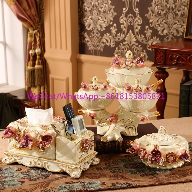 European fruit plate set, luxury and creative, modern living room household tissue box, ceramic fruit plate three pieces